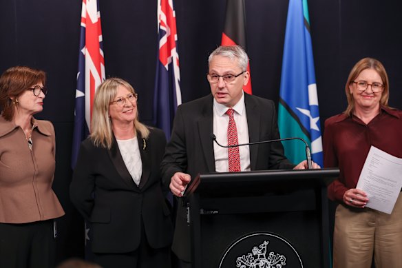 Premier Jacinta Allan (far right) as Mary-Anne Thomas, Gayle McTierney and Danny Pearson announce their impending retirements from parliament.