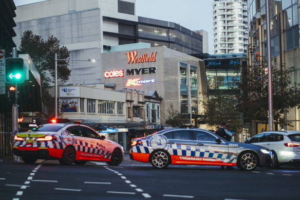 The scene outside Westfield Bondi Junction on Saturday evening.