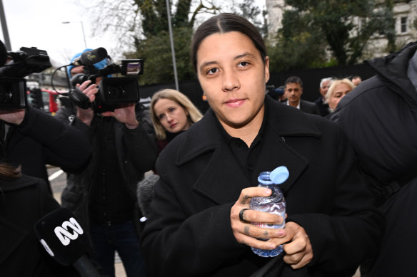 Sam Kerr arrives at court in Kingston upon Thames for her trial for a charge of racial harassment.