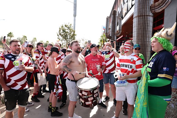 Wigan Warriors fans outside Allegiant Stadium in Las Vegas earlier in the year.
