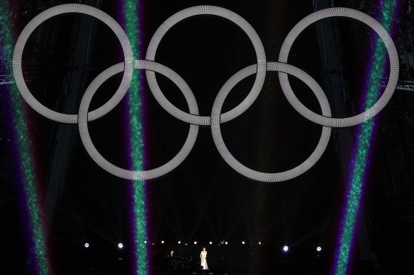 Canadian singer Celine Dion performs on the Eiffel Tower.