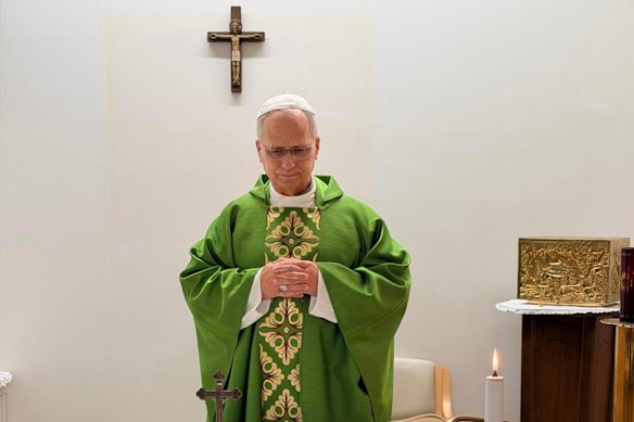 This picture, released by the Vatican on Friday shows Pope Leo XIV celebrating Mass at the hospital in Rome, where he is recovering from surgery.