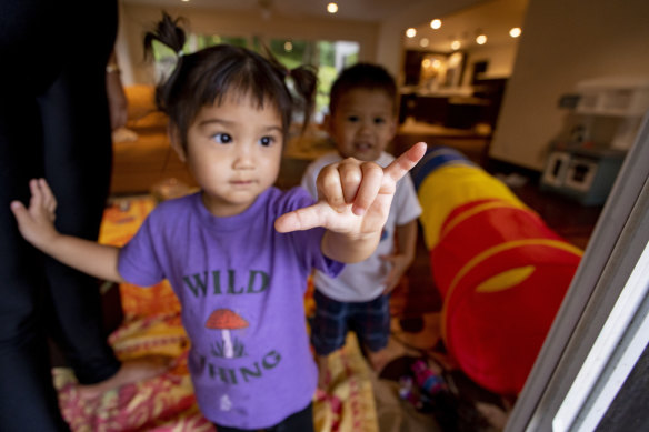 Keli’inowelo Makainai-Matsuda, great-great-great-granddaughter of Hamana Kalili who is known as the father of shaka, flashes a shaka.