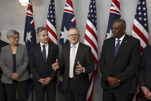 Prime Minister Anthony Albanese with Foreign Minister Penny Wong, US Secretary of State Antony Blinken and US Secretary of Defence Lloyd Austin in Brisbane on Friday.
