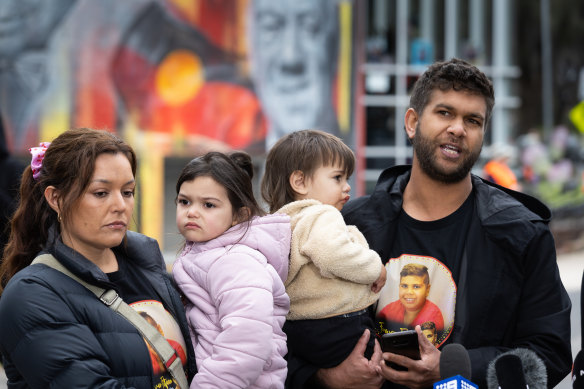 Sam May, first cousin of Cassius Turvey, speaking to the media at the Melbourne rally.