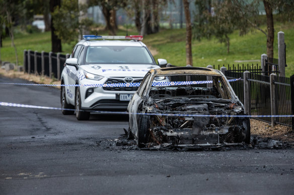 The burnt car found in Haig Avenue, Coburg.