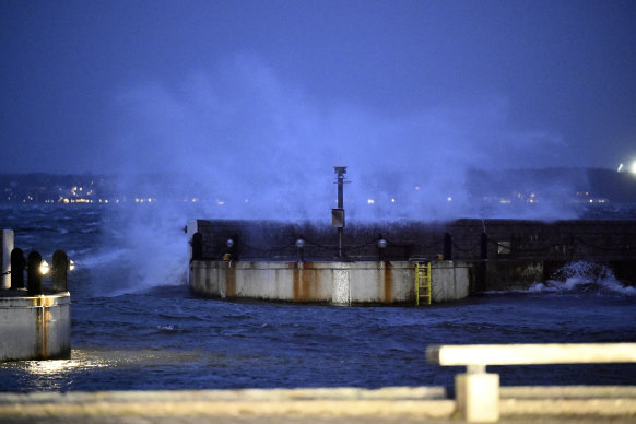 Waves brake at the harbour in Helsingborg, Sweden.