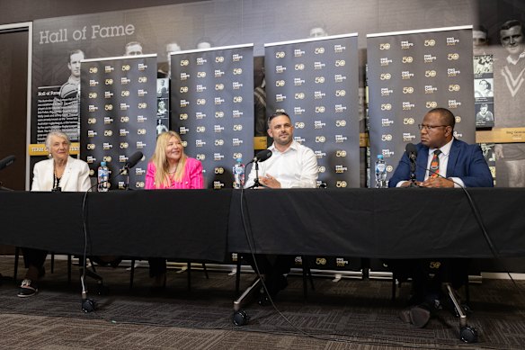 PNG Chiefs president Catherine Harris, CEO Lorna McPherson, football general manager Michael Chammas and PNG sports minister Kinoka Hotune Feo at a press conference on Thursday to discuss the signing of Jarome Luai.