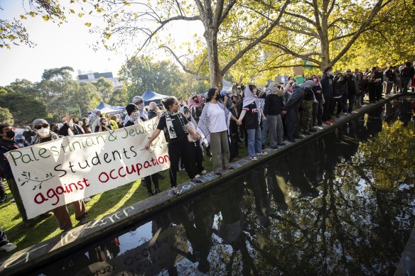 The Pro-Palestine student camp faces off a visit from Israel supporters and Jewish students.