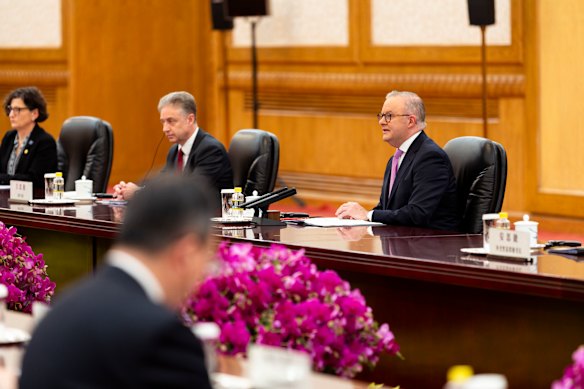Prime Minister Anthony Albanese meets Chinese President  Xi Jinping at the Great Hall of the People in Beijing.
