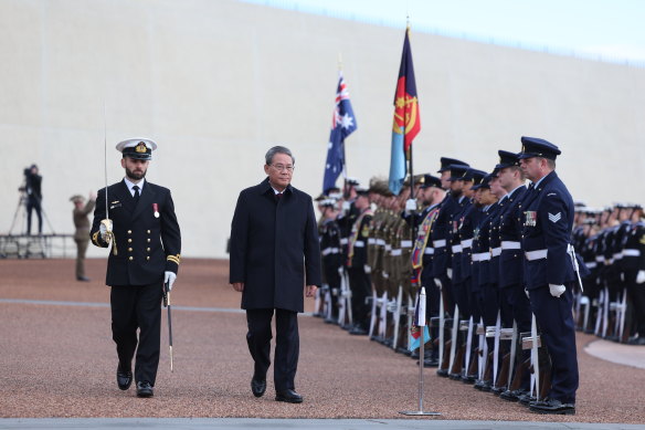 Chinese Premier Li Qiang during a ceremonial welcome at the forecourt of Parliament House.