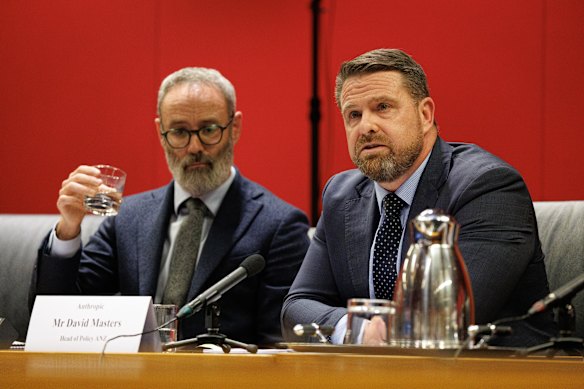 Anthropic’s head of product policy, Charlie Hale, and Anthropic’s head of policy, David Masters, appear before a federal parliamentary AI inquiry at NSW parliament.