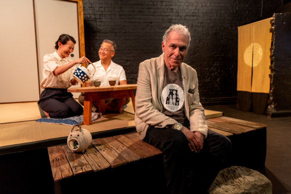 Roger Pulvers (foreground) with Mayu Iwasaki and Shingo Usami on the set of The Face of Jizo.