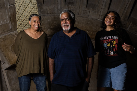 Warumpi co-founder Sammy Butcher with daughter Anyupa Butcher, right, and Rachael Maza. 