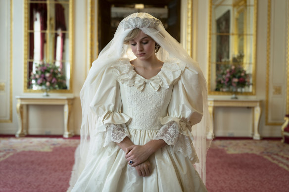 Actress Emma Corrin in a remake of Princess Diana's iconic wedding dress.