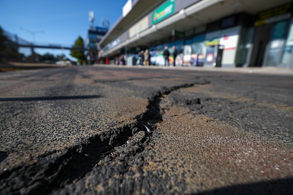 A large crack in the pavement at Broadmeadows station.