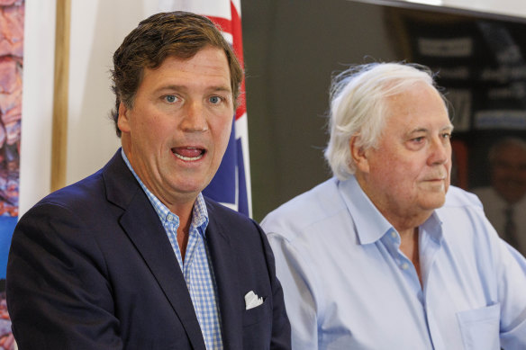 Tucker Carlson and Clive Palmer hold a press conference at one of Palmer’s homes in Brisbane.