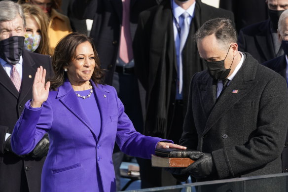 Kamala Harris is sworn in as Vice-President in a suit by Christopher John Rogers.