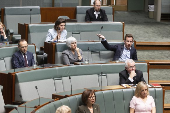 (From left) Bandt and Greens MPs Elizabeth Watson-Brown and Max Chandler-Mather during question time.