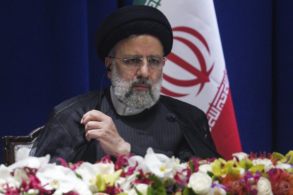 Iran President Ebrahim Raisi speaks at a press conference, during his visit for the United Nations.