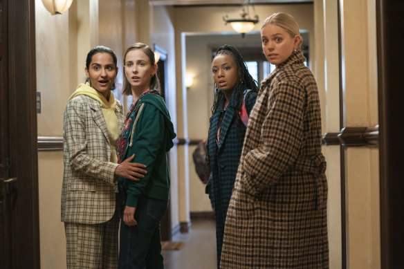 Pauline Chalamet (second from left), with her Sex Lives of College Girls co-stars Amrit Kaur, Alyah Chanelle Scott, and Renee Rapp.