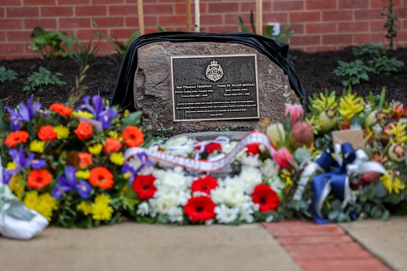 Memorial service at the Wangaratta police station to commemorate the lives of Detective Leading Senior Constable Neal Thompson and Senior Constable Vadim de Waart-Hottart.