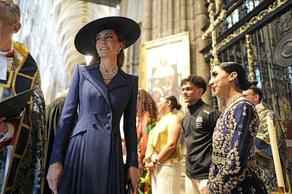 Catherine, Princess of Wales leaves at the end of the 2026 Commonwealth Day Service at Westminster Abbey on March 09, 2026 in London, England. 