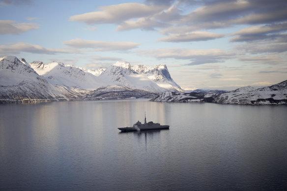 The French navy frigate Normandie patrols in a Norwegian fjord, north of the Arctic circle.