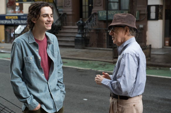 Woody Allen (right) and Timothee Chalamet on the set of A Rainy Day in New York.