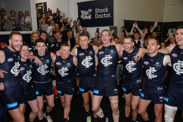 The Blues celebrate after the narrow win, which put them in the finals for the first time in a decade.