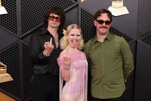 Declan Mehrtens (left), Amy Taylor and Bryce Wilson of Amyl and the Sniffers at the 68th Annual Grammy Awards.