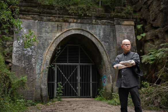 Blue Mountains mayor Mark Greenhill stands in front of the historic Lapstone Hill Tunnel.