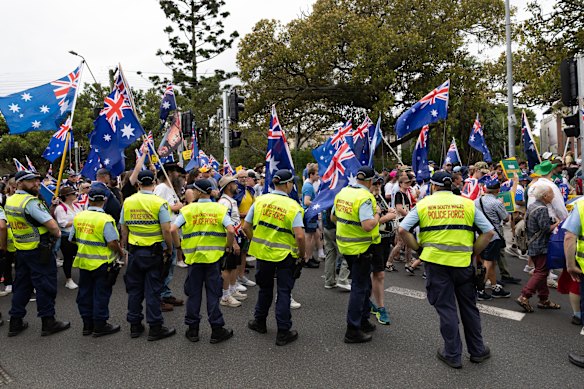 A large number of police directed and observed the March for Australia protest, which ended at Moore Park.  