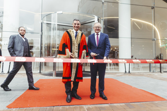 Liverpool Mayor Ned Mannoun, left, opening Civic Place with Prime Minister Anthony Albanese in April 2024.