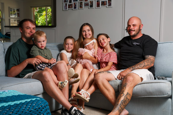 James Harrison’s grandsons Scott (left) and Jarrod (far right) with Jarrod’s wife Rebecca and the couple’s children (Daisy, 9, Jaycee, 2, Trey, 2, and Addison, 3 months).