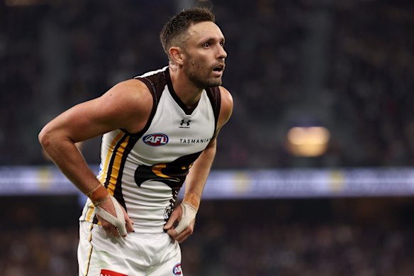 Hawks star Jack Gunston looks on.
