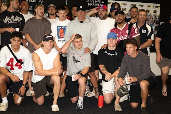 Knights players past and present met at the club’s Centre of Excellence on Saturday morning before boarding the bus to Sydney.
