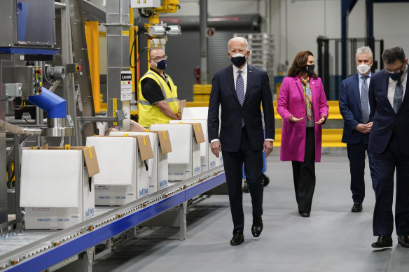 President Joe Biden and Vice-President Kamala Harris tour a Pfizer manufacturing site in Michigan. 