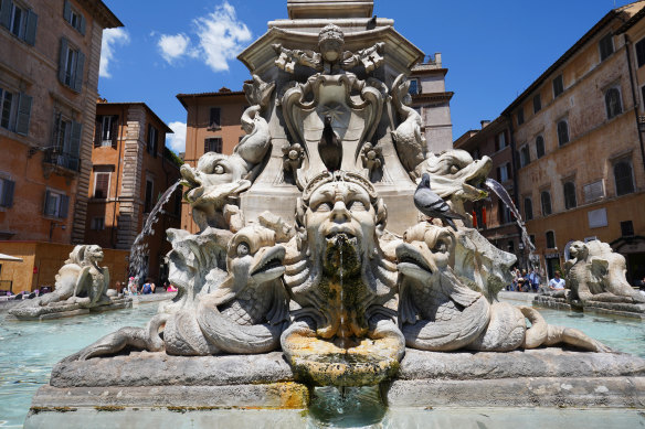 The Fontana del Pantheon fountain in front of the Pantheon in Rome. Water sellers were abundant during the city’s recent heatwave.