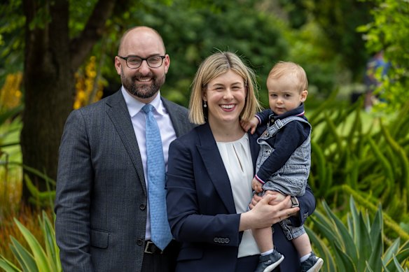 New Victorian Liberal Party leader Jess Wilson with her husband, Aaron Lane, and son Patrick.  