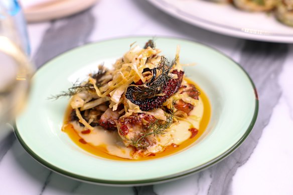 Octopus with crisp Aleppo pepper, Wilberforce sugarloaf and tahini.