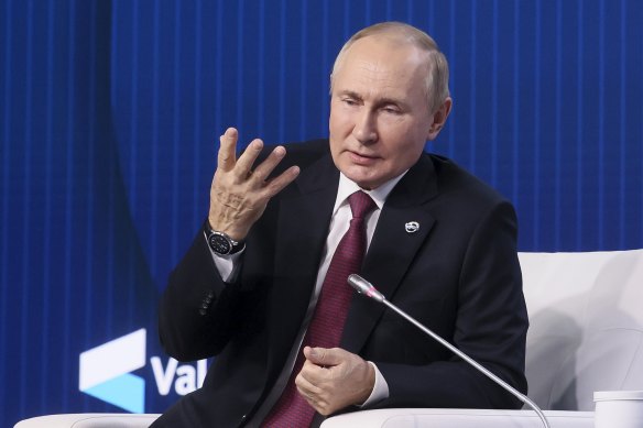 Russian President Vladimir Putin at the plenary session of the 19th annual meeting of the Valdai International Discussion Club outside Moscow, Russia.