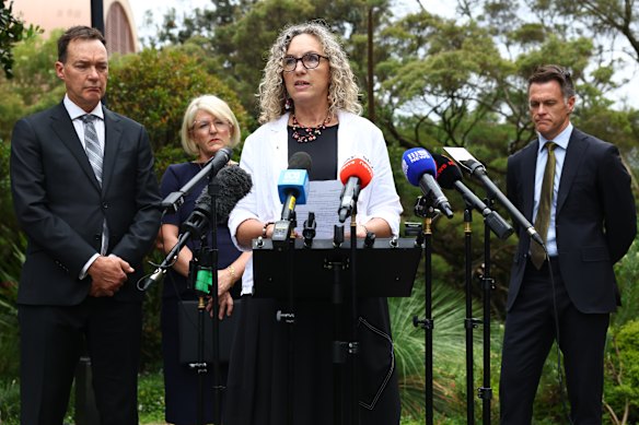 Premier of New South Wales Chris Minns, Minister for Police and Counter-terrorism Yasmin Catley and Attorney General Michael Daley alongside Stephen Bendle, Convenor of the Australian Gun Safety Alliance, and  Sarah Davies, CEO of the Alannah & Madeline Foundation, provide an update on the government’s response to the Bondi Beach terror attack at  Parliament House in Sydney