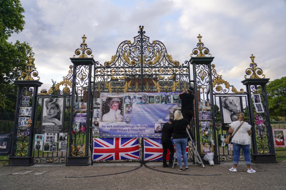 Portraits of Princess Diana outside the gates of Kensington Palace in London on August 29 last year. August 31 marks the 25th anniversary of Princess Diana’s death in a Paris car crash. 