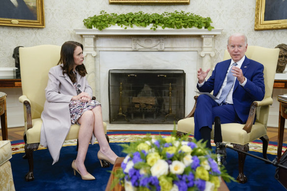 US President Joe Biden meets with New Zealand Prime Minister Jacinda Ardern in the Oval Office.