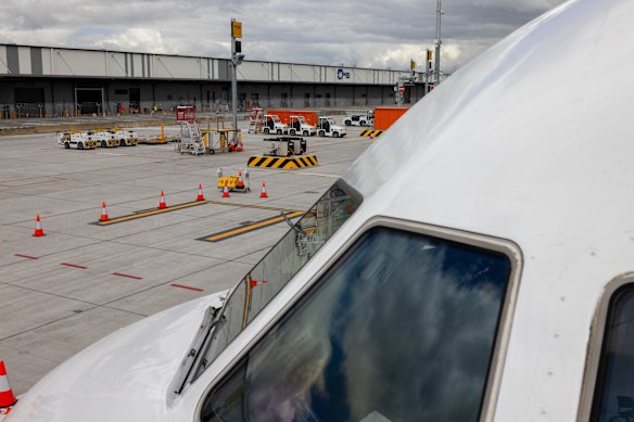 A view of the cargo hub from outside the A321 aircraft’s cockpit.