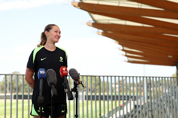 Wini Heatley speaks with media at the Sam Kerr Football Centre on Thursday.