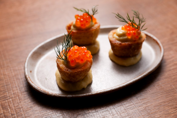 Potato skins with taramasalata and salmon caviar at Teddy’s.