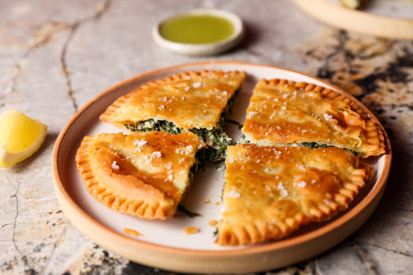 Wood-fired fennel, spinach, chicory and ricotta pie.
