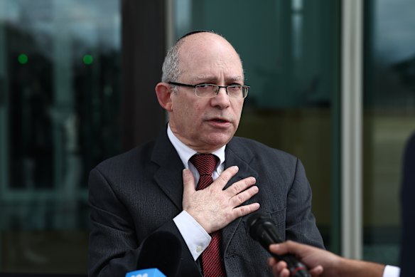 Israel’s Ambassador to Australia Hillel Newman leaves Parliament House after meeting with Wong. 